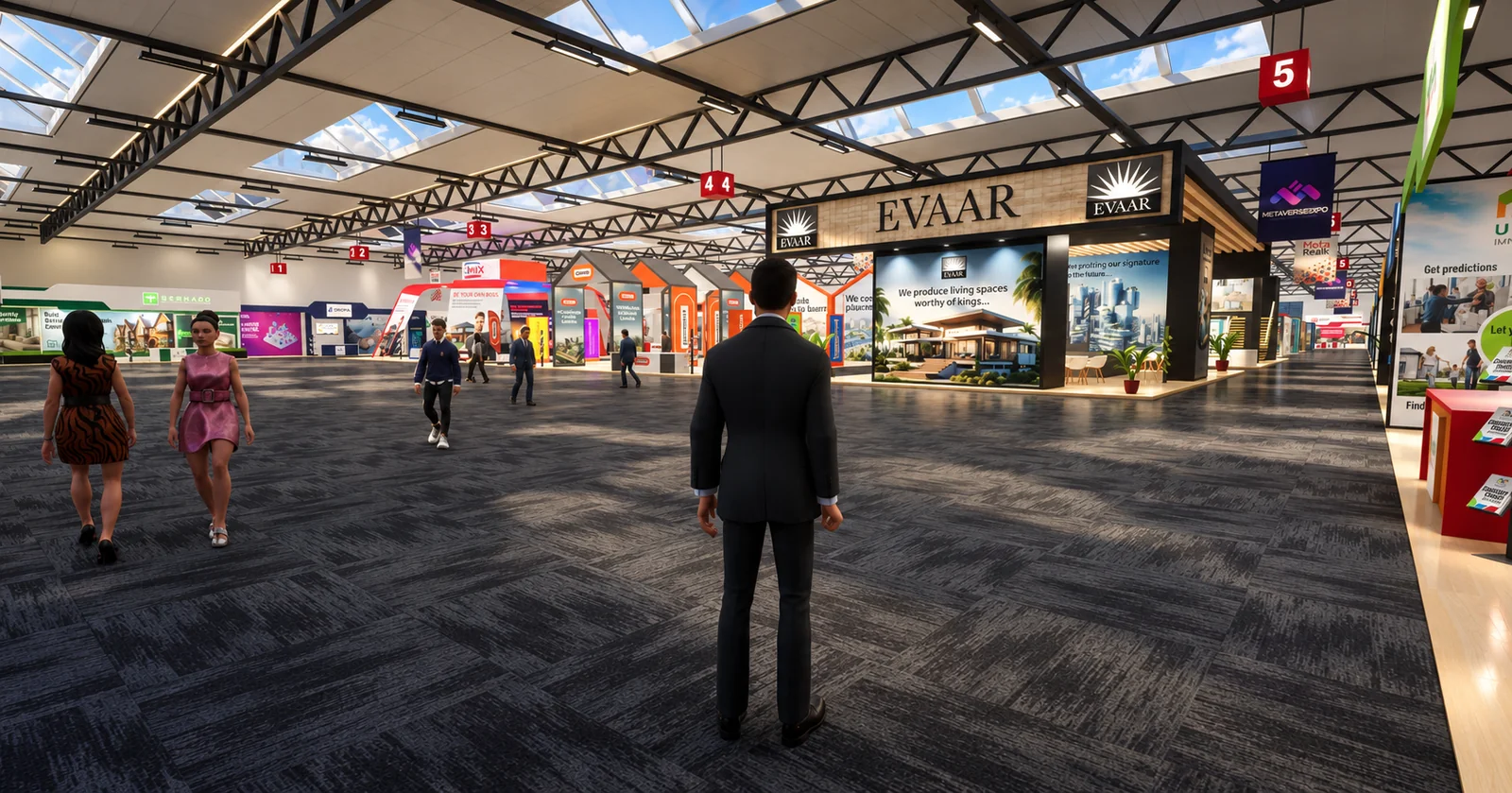 Visitor exploring an EVAAR exhibitor stand in the Metaversexpo demo