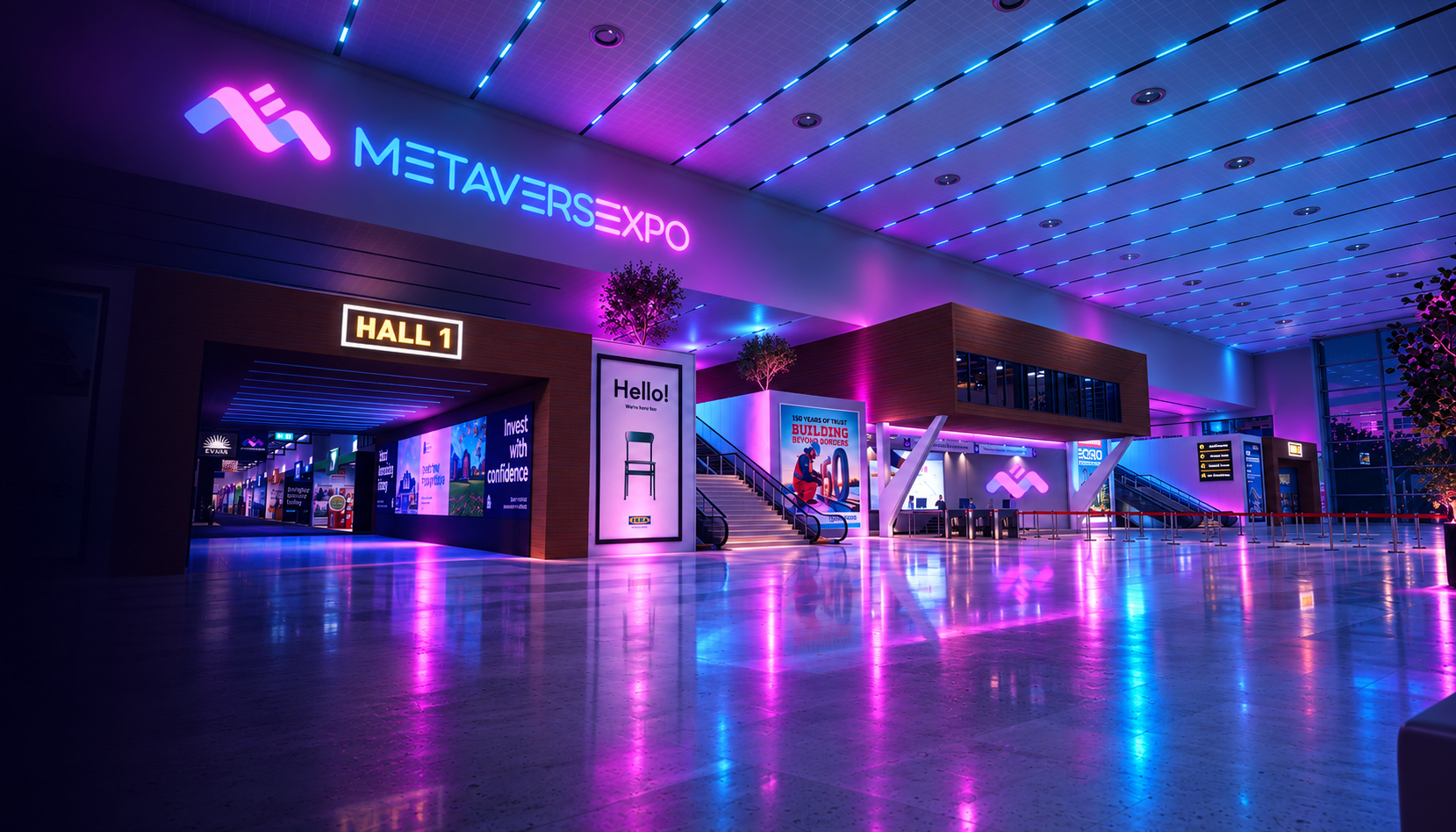 Metaversexpo concept showing a three dimensional exhibition hall